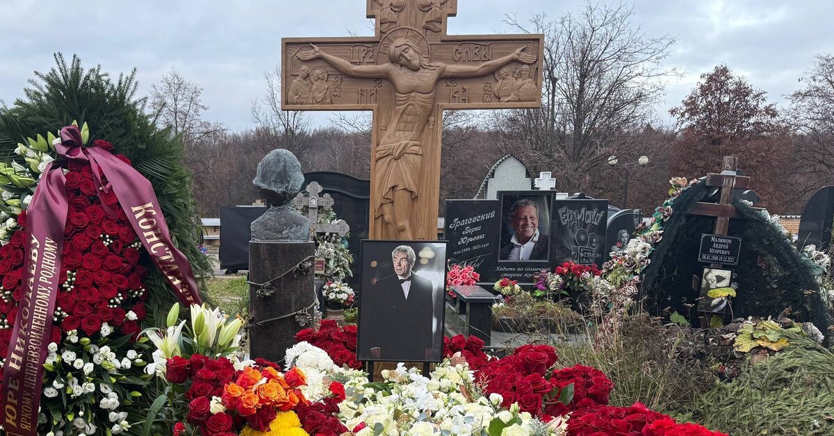 Юрия Николаева похоронили на Троекуровском кладбище: его вдова мужественно провела время у могилы.